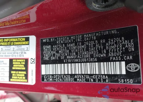 2018 Toyota Camry Se из США, поврежденный, VIN 4T1B11HK0JU613856